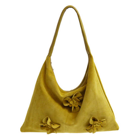 FLOWER - Sacca big con fiori in camoscio limone